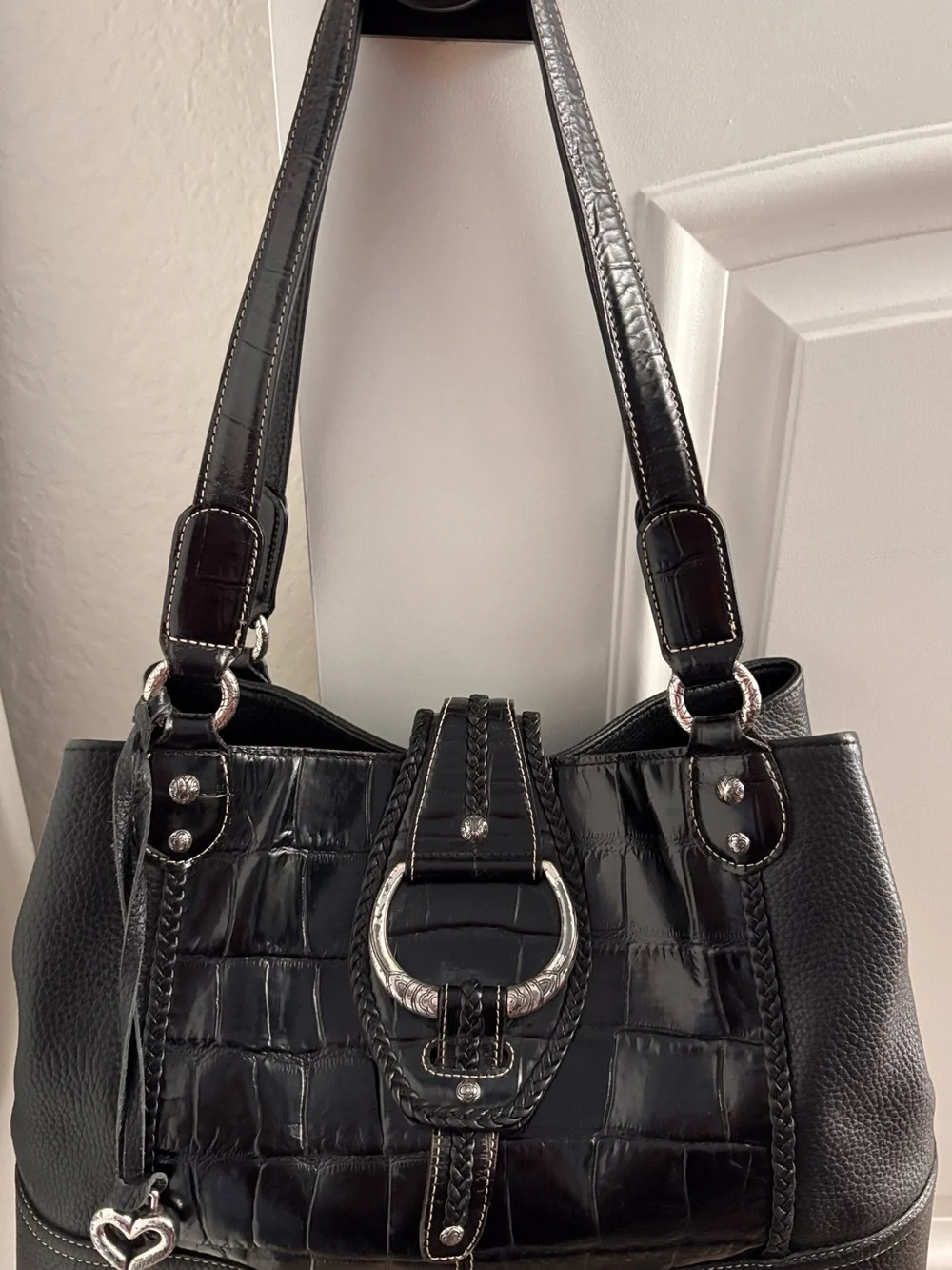 Brighton Black Croc-Accent Shoulder Bag with Silver Buckle